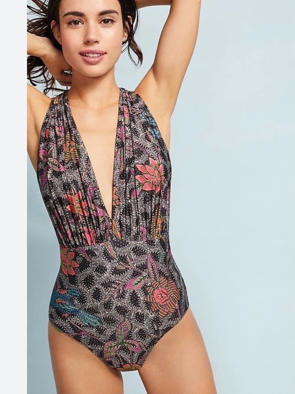Anthropologie Black Floral Plunge One-Piece Swimsuit